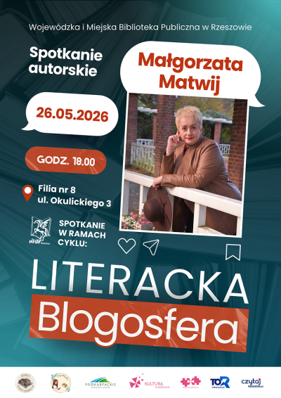 Grafika promująca spotkanie z Małgorzatą Matwij